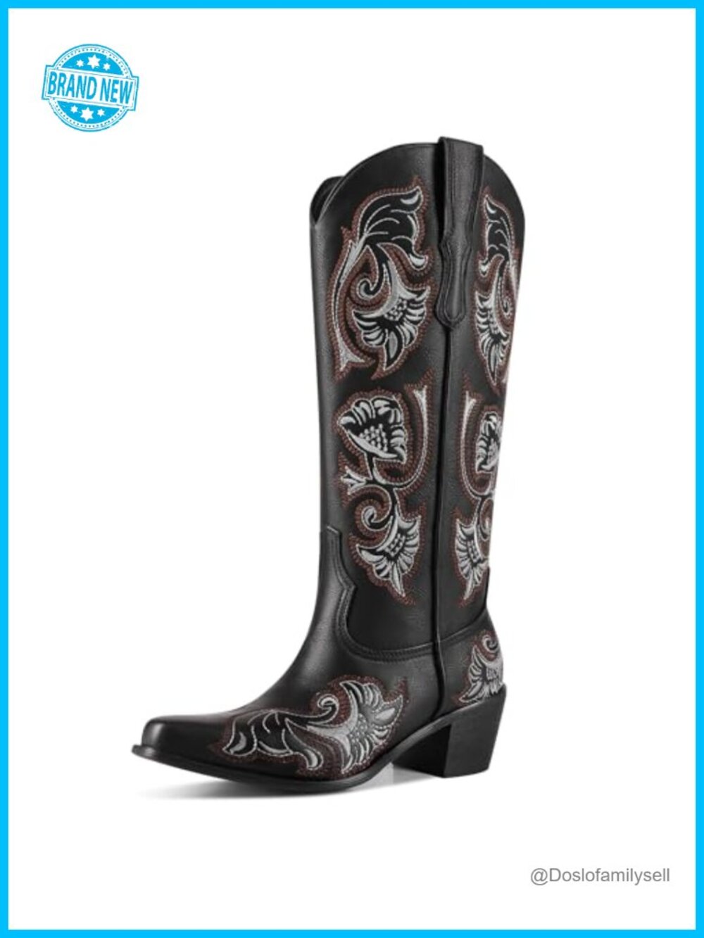 Embroidered Cowgirl Knee High Boots Pointed Toe Block Heel Pull On